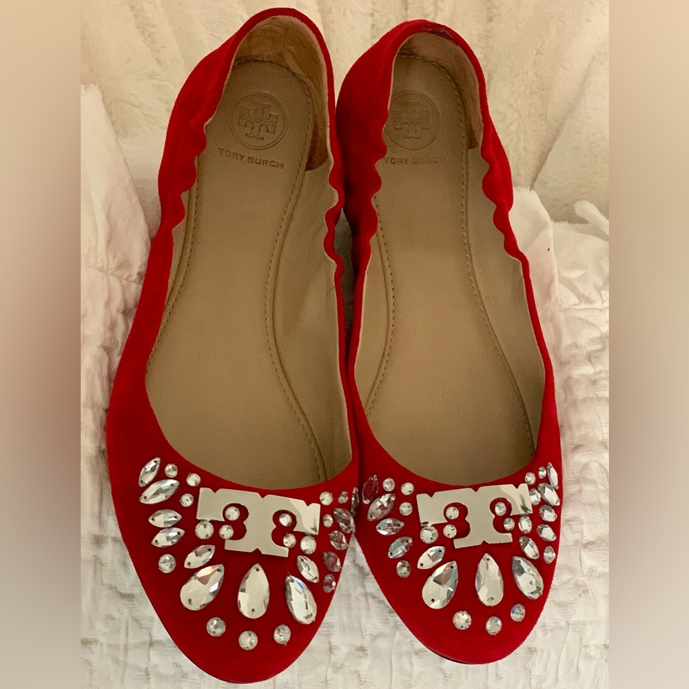 Tory Burch Delphine Red Suede and Silver Crystals Ballet Flats